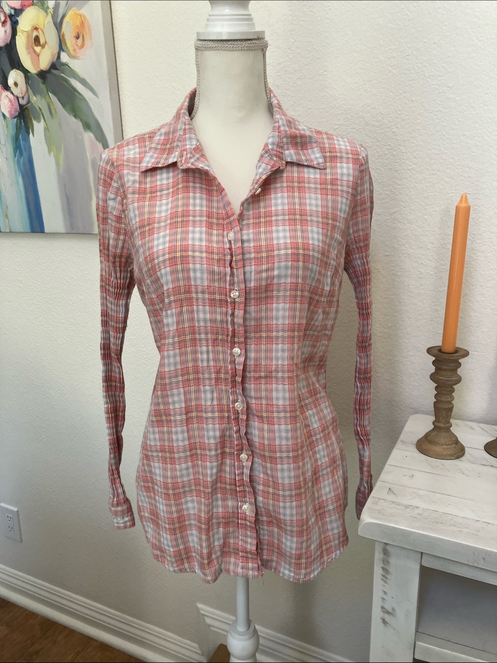 Y2k Liz Claiborne Women’s Coral and White Plaid Button-Down Shirt